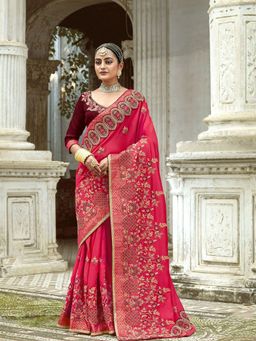 Odette - Pink Stunning Embroidered Art Silk Saree with Unstitched Blouse