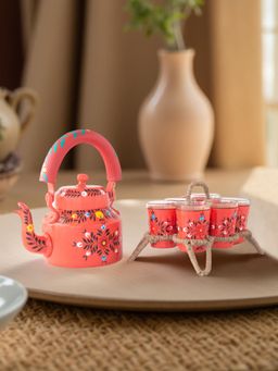 Golden Peacock - Peach Floral Hand-Painted Kettle Set