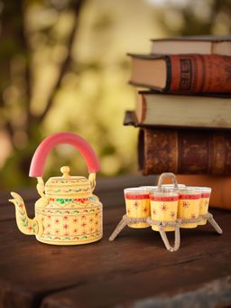 Golden Peacock - Yellow Floral Hand-Painted Kettle Set