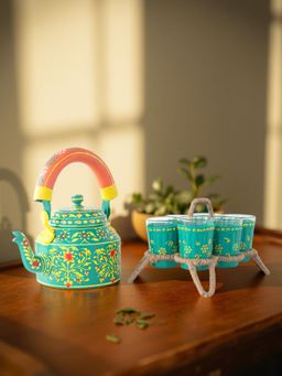 Golden Peacock - Teal Floral Hand-Painted Decorative Kettle Set