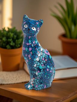 Golden Peacock - Blue Mosaic Cat Showpiece