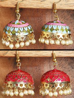 OOMPH - Combo Of 2 Pink & Green Minakari Enamel Minimal Jhumka Earrings