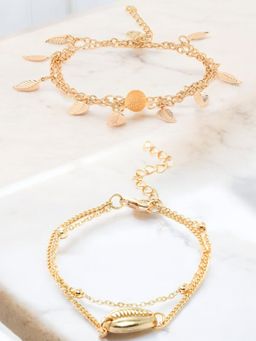 OOMPH - Combo of 2 Gold Tone Multi Layer Leaf & Sea Shell Beach Fashion Anklet