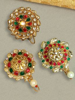 OOMPH - Red-Maroon and Green Stones Ethnic Hair Bun Pins- Set of 3