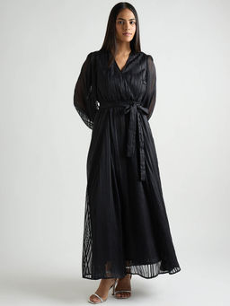 Femmella - Black Lurex Wrap Maxi Dress with Belt