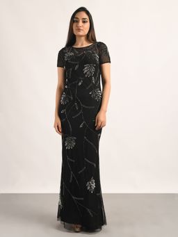Attic Salt - Black Sequined All Over Leaf Black Gown