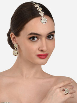 Zaveri Pearls - Pink Enamelled Dazzling Diamonds Earring Maangtikka and Ring -ZPFK12214 (Set of 3)