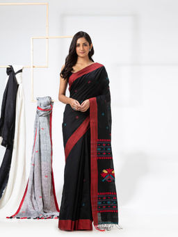 Angoshobha - Black Cotton Blended Festive Jamdani Saree with Unstitched Blouse