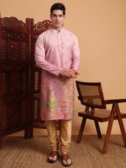 Gahan - Mens Peach Festive Wear Premium Cotton Blend Printed Embroidered Kurta