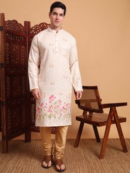 Gahan - Mens Cream Festive Wear Premium Cotton Blend Printed Embroidered Kurta
