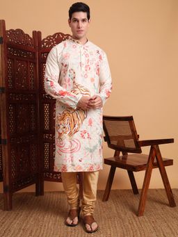 Gahan - Mens Cream Festive Wear Premium Cotton Blend Printed Embroidered Kurta