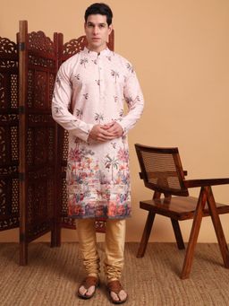 Gahan - Mens Peach Festive Wear Premium Cotton Blend Printed Embroidered Kurta