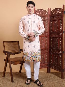 Gahan - Mens Peach Festive Wear Premium Cotton Blend Printed Embroidered Kurta