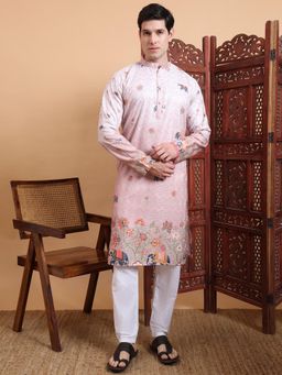 Gahan - Mens Peach Festive Wear Premium Cotton Blend Printed Embroidered Kurta