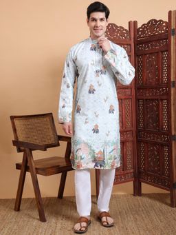 Gahan - Mens Blue Festive Wear Premium Cotton Blend Printed Embroidered Kurta