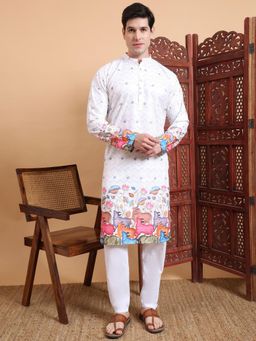 Gahan - Mens White Festive Wear Premium Cotton Blend Printed Embroidered Kurta