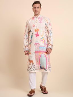 Gahan - Mens Peach Festive Wear Premium Cotton Blend Printed Embroidered Kurta