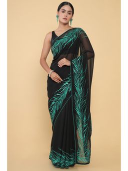 Soch - Women Green Georgette Embroidered Saree with Unstitched Blouse