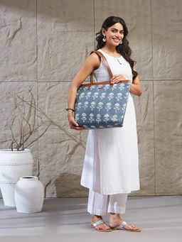 Fabindia - Women Blue Floral Hand Block Printed Tote Bag (Free Size)