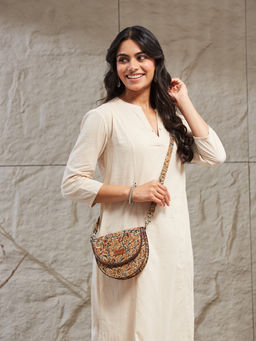 Fabindia - Women Mustard Floral Kalamkari Printed Sling Bag (S)