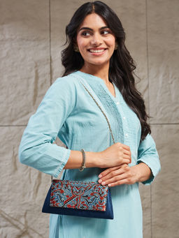 Fabindia - Women Navy Blue Printed Clutch (M)