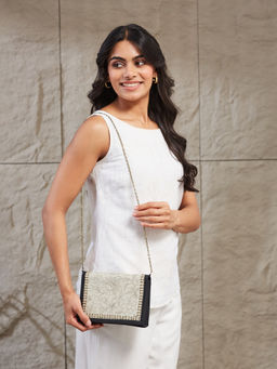 Fabindia - Women Off White-Black Floral Design Clutch (L)