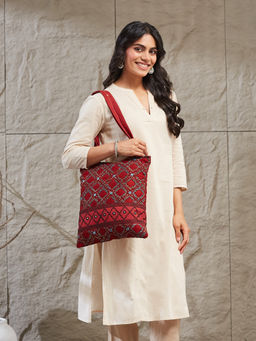 Fabindia - Women Red Embroidered Tote Bag (Free Size)