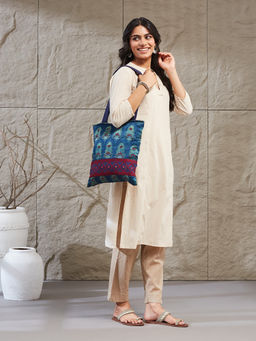 Fabindia - Women Blue Embroidered Tote Bag (Free Size)