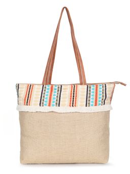 Anekaant - Women Off White Striped Jute Geometric Jacquard Tote Bag (One Size)