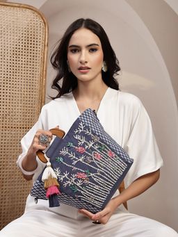 Anekaant - Women Navy Blue Cotton Canvas Embellished Handbag with Detachable Strap (One Size)