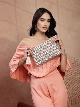 Anekaant - Women Off White Beaded Cotton Jacquard Sling Bag (One Size)