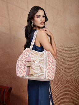 Anekaant - Women Blush Pink Shell Embellished Jacquard Shoulder Bag (One Size)