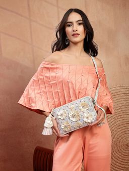 Anekaant - Women Petal Posh Ivory 3D Flower Embellished Cotton Sling Bag (One Size)