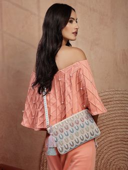 Anekaant - Women Tribal Sutra Multi-Color Pastel Scallop Beaded Cotton Sling Bag (One Size)