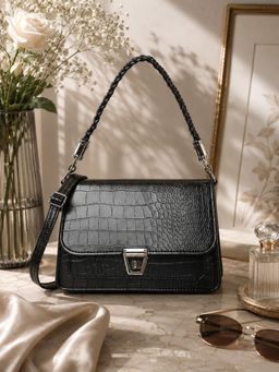 Caprese - Women Los Black Textured Shoulder Bag with Detachable Strap (M)