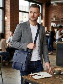 WILDHORN - Men Navy Blue Leather Sling Bag (One Size)