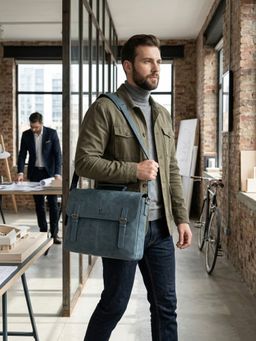 WILDHORN - Men Blue Leather Messenger Bag with Detachable Strap (One Size)