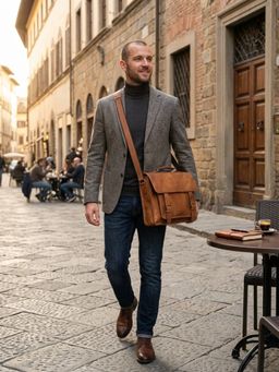 WILDHORN - Men Tan Leather Messenger Bag with Detachable Strap (One Size)