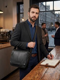 WILDHORN - Men Black Leather Messenger Bag (One Size)