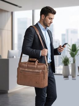 WILDHORN - Men Brown Leather Messenger Bag with Detachable Strap (One Size)