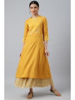 W - Dark Yellow A-line Embroidered Kurta With Sequins