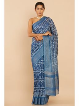 Soch - Women Blue Chanderi Saree with Unstitched Blouse