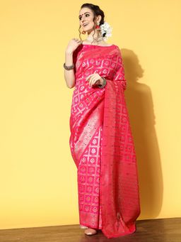 Akhilam - Womens Silk Blend Pink Woven Design Designer Saree with Unstitched Blouse