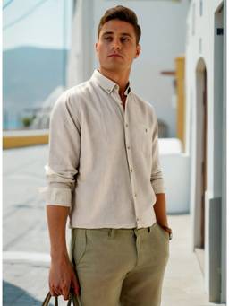 Louis Philippe - Men Beige Slim Fit Solid Full Sleeves Casual Shirt