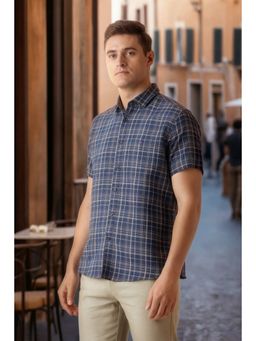 Louis Philippe - Men Navy Blue Slim Fit Checks Half Sleeves Casual Shirt