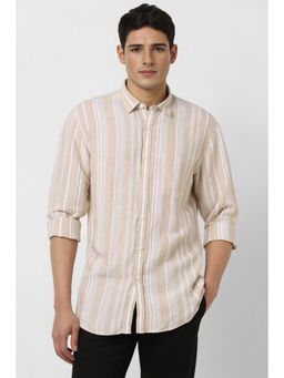 Peter England - Men Beige Slim Fit Stripes Full Sleeves Casual Shirt