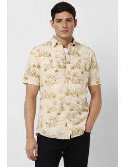 Peter England - Men Beige Slim Fit Print Half Sleeves Casual Shirt