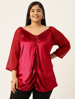 theRebelinme - Plus Size Womens Red Solid Velvet Longline Top