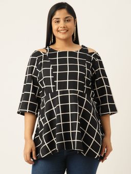 theRebelinme - Plus Size Womens Black Checked Print Cut Out Detail Top