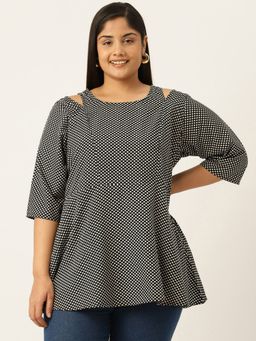 theRebelinme - Plus Size Womens Black Geometric Print Cut Out Detail Top